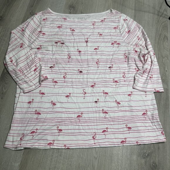 Talbots Blouse Shirt 3X White Pink Flamingo Striped Cotton Long Sleeve Sequins - Picture 1 of 10